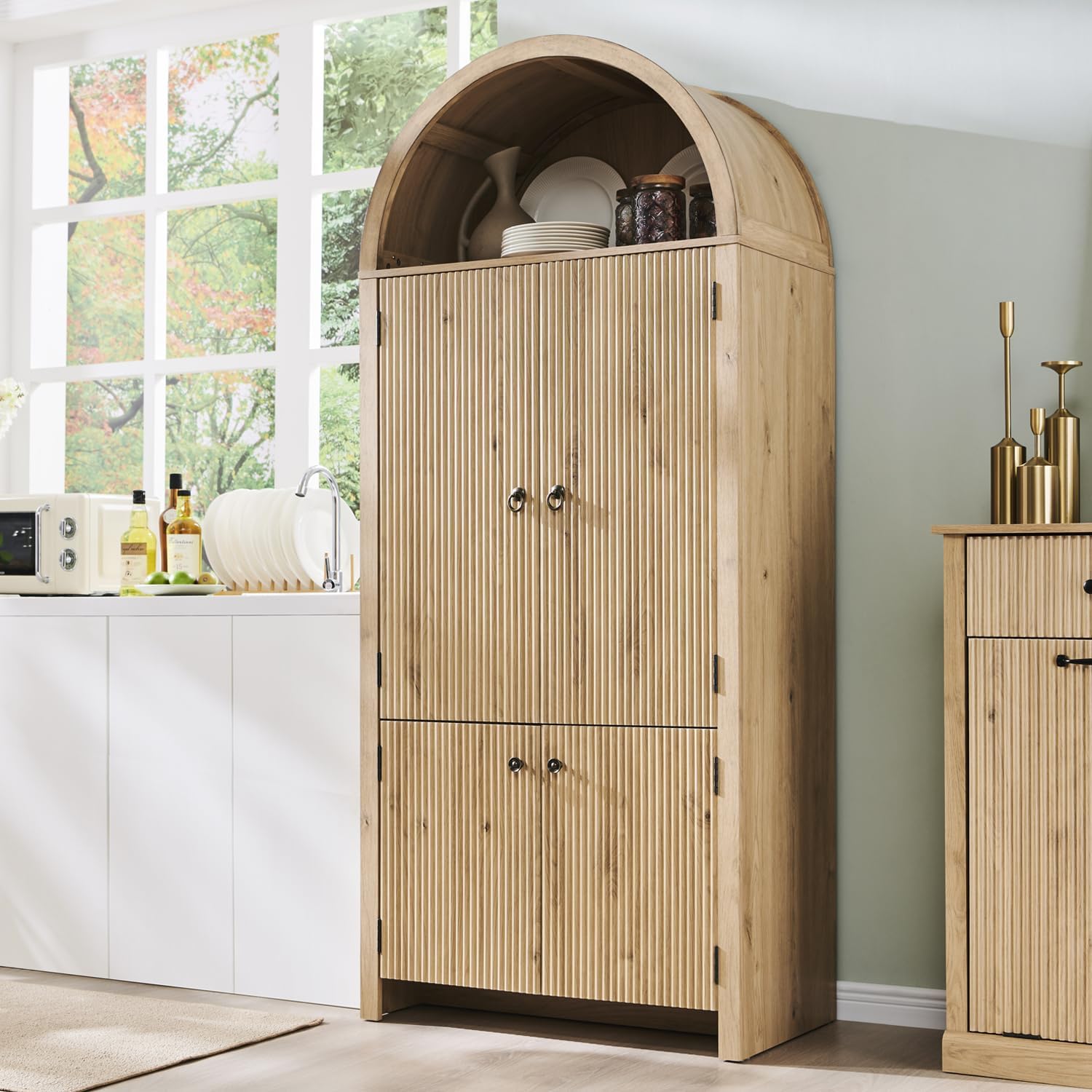71 Tall Arched Kitchen Pantry, Modern Fluted Wood Storage Cabinet with Doors, 3 Adjustable Shelves, 6 Door Shelves, Organizer, Versatile Cupboard for Kitchen, Bathroom, Natural