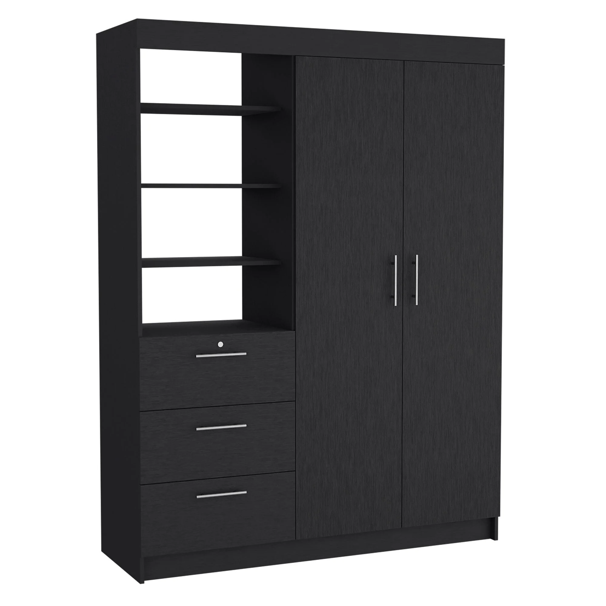 20.4 Modern Double-door Armoire with Hanging Rods, 3 Drawers and 3-Tier Shelf