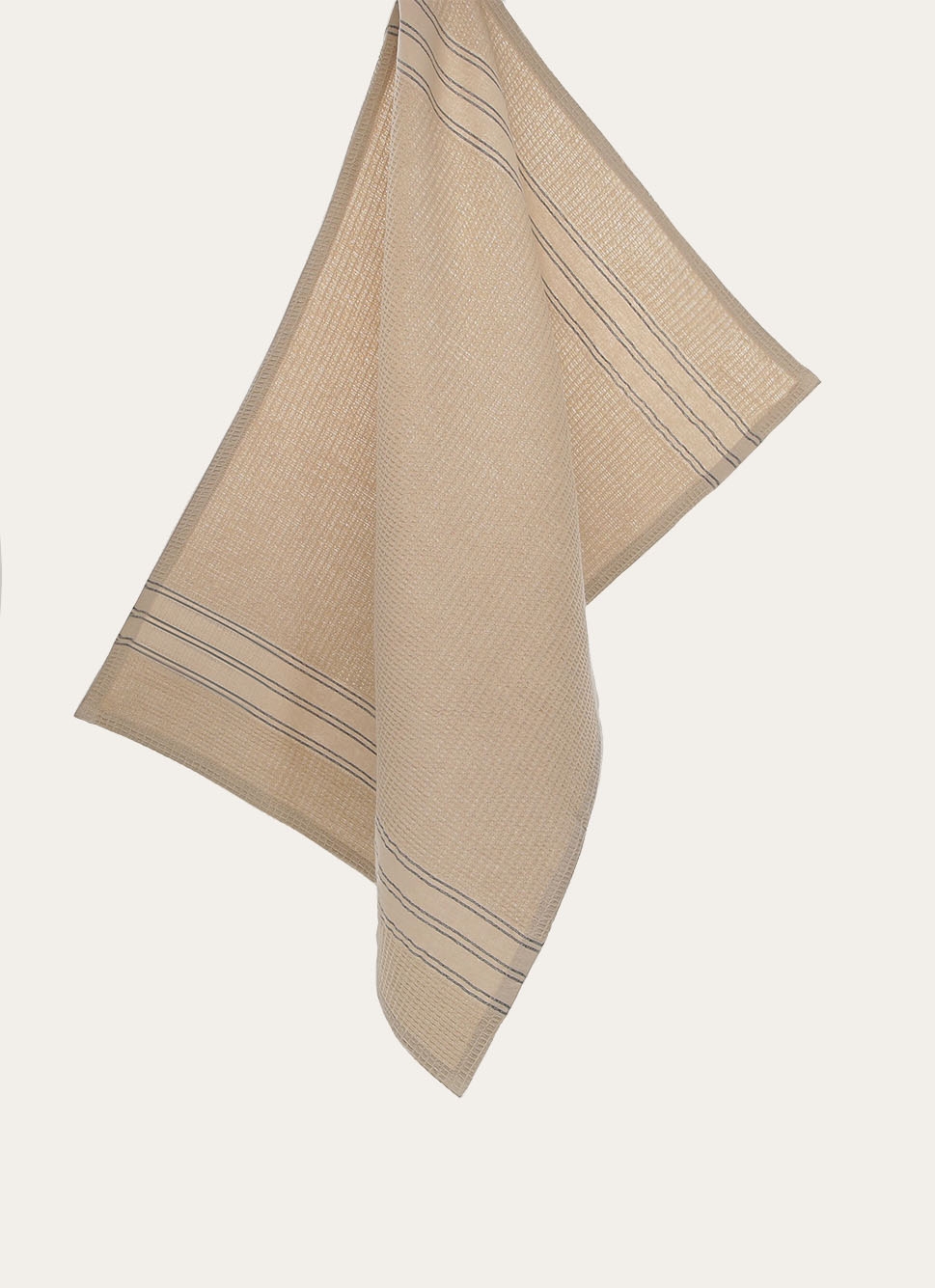 TORCHON EN NID D'ABEILLE à RAYURES BEIGE