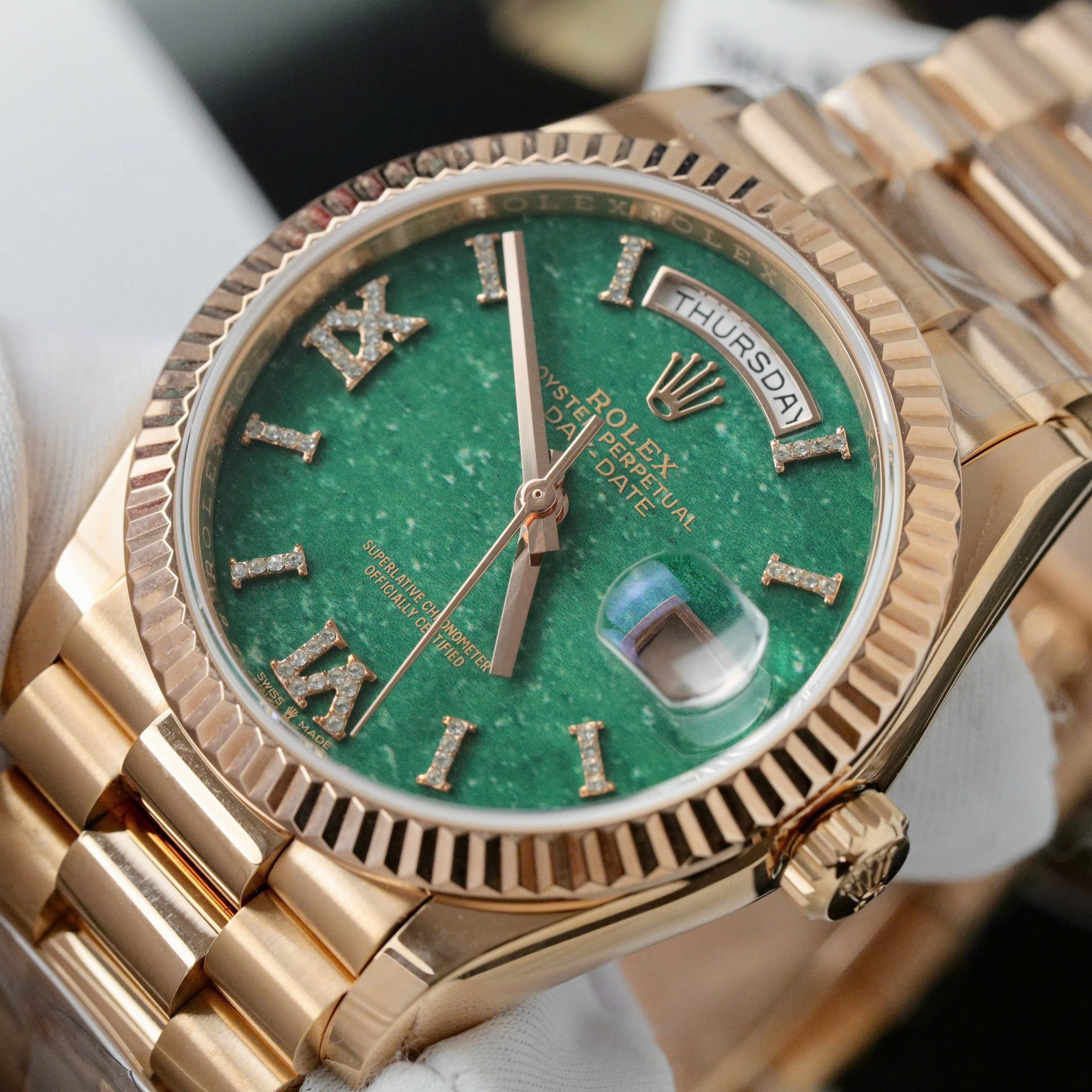 Rolex Day-Date 128235 RG Plated Green Dial CZ Diamonds 36mm Super Clone