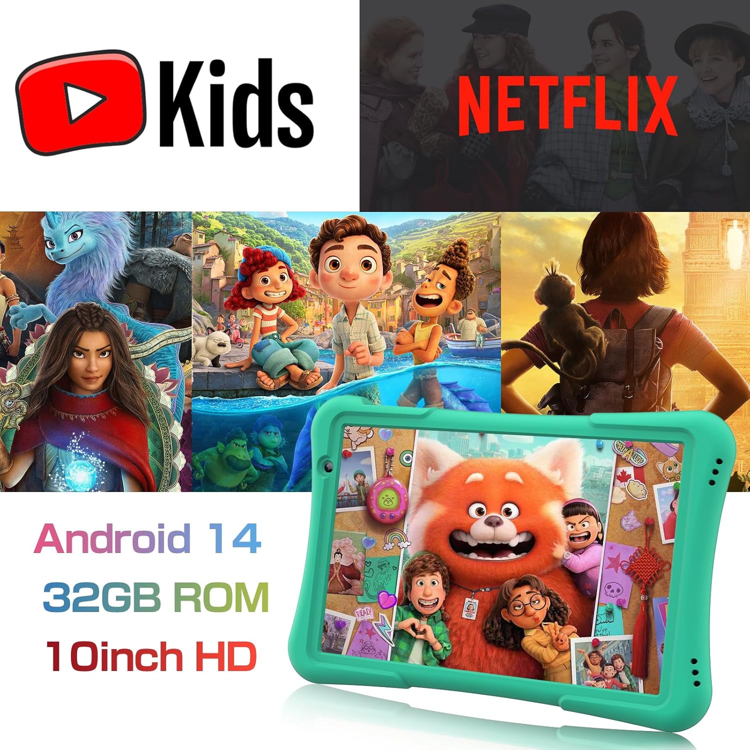 PRITOM 10 inch Kids Tablet Android 14 Tabletas 32GB, Quad-Core, 6000mAh, Large HD IPS Display, WiFi 6, Dual Camera, Bluetooth, Toddler Tablet for Kids Age 3+, Green