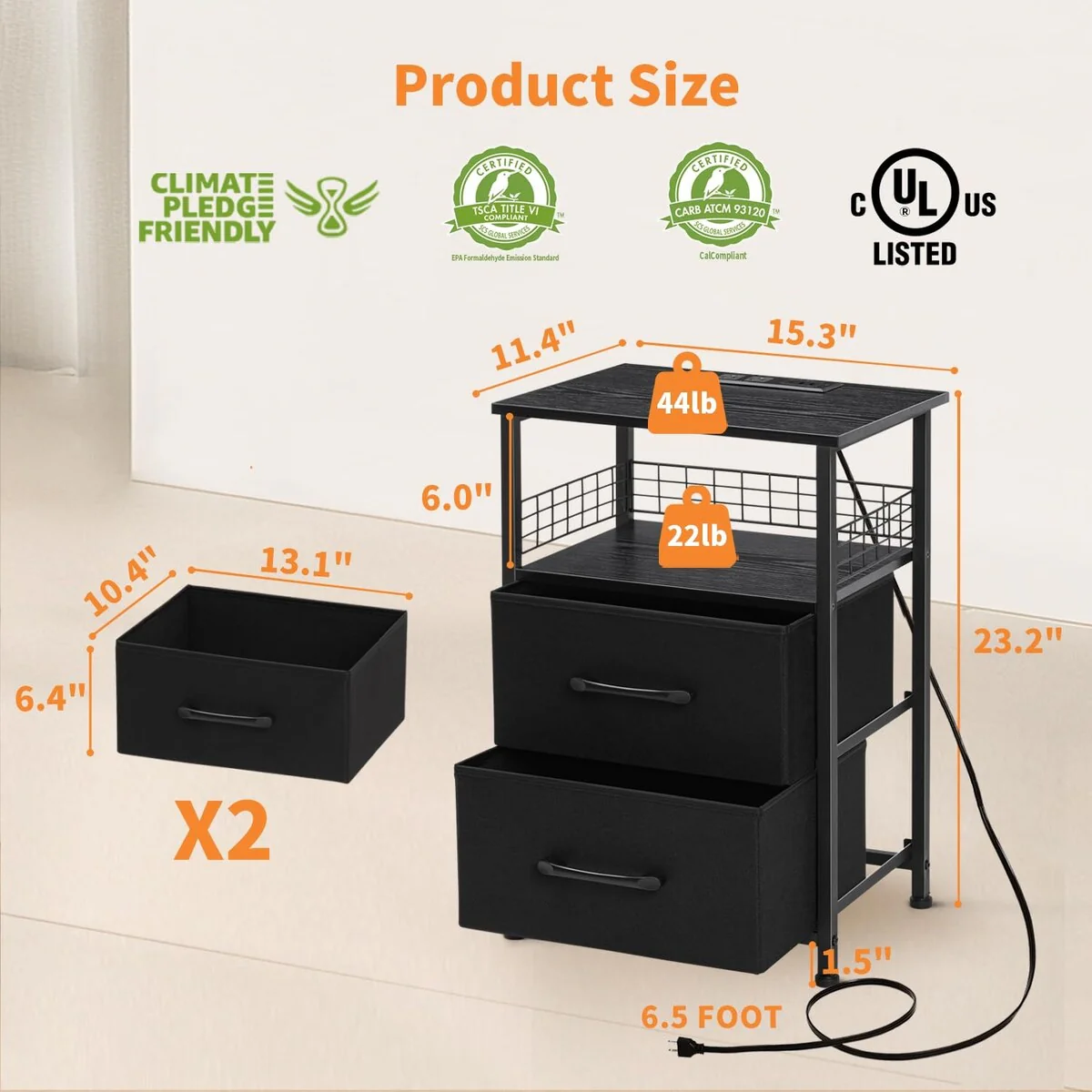 Nightstands Set of 2 with Charging Station,Night Stand with 20 Colors LED Lights and Fabric Drawer,End Table with USB Ports