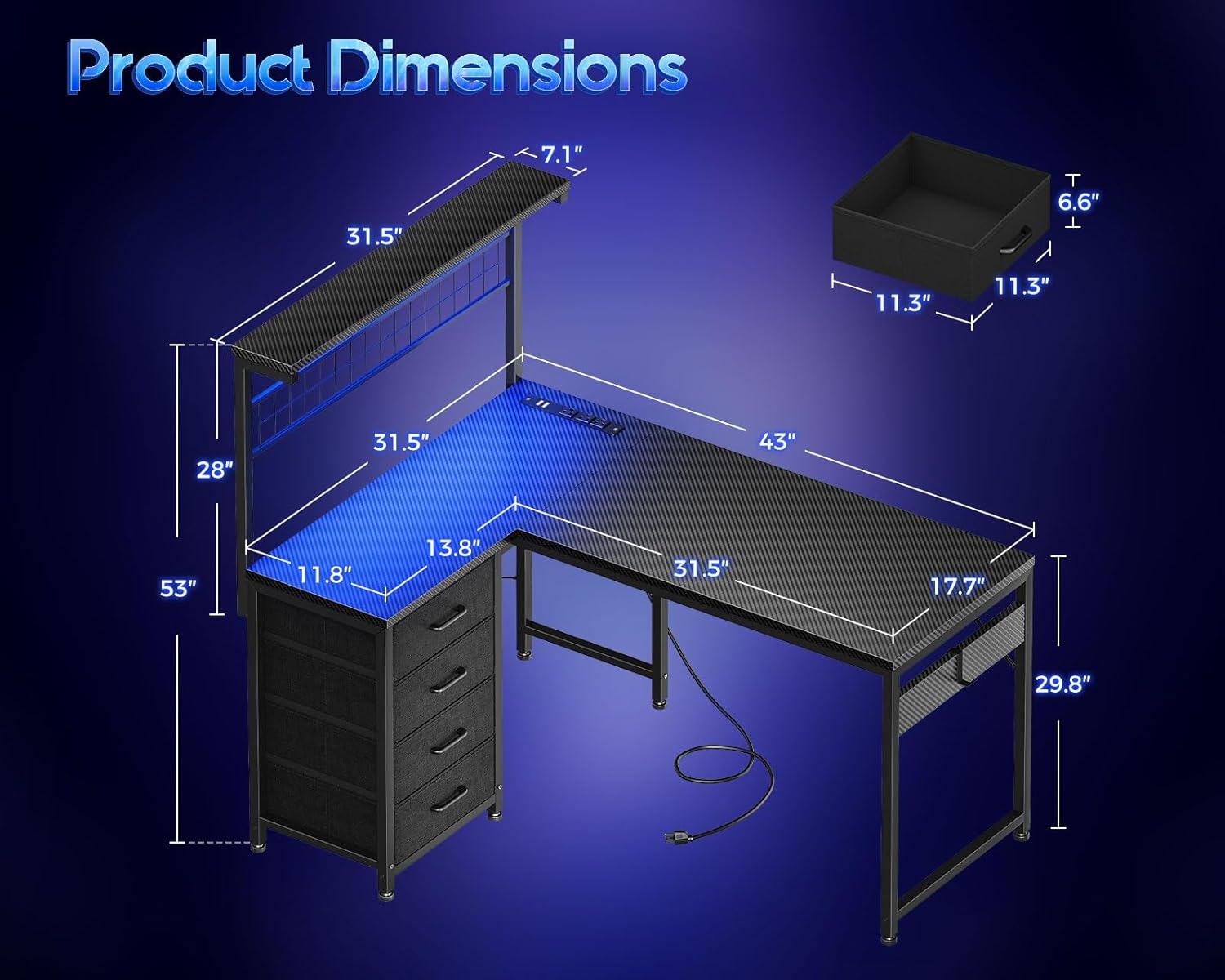 MOTPK 43” L Shaped Gaming Desk for Small Rooms, Compact Corner Computer Table with Shelf & Hutch, 4 Drawers, Reversible Study Desk with LED Light, Power Outlets & USB Ports, Black Carbon Fiber