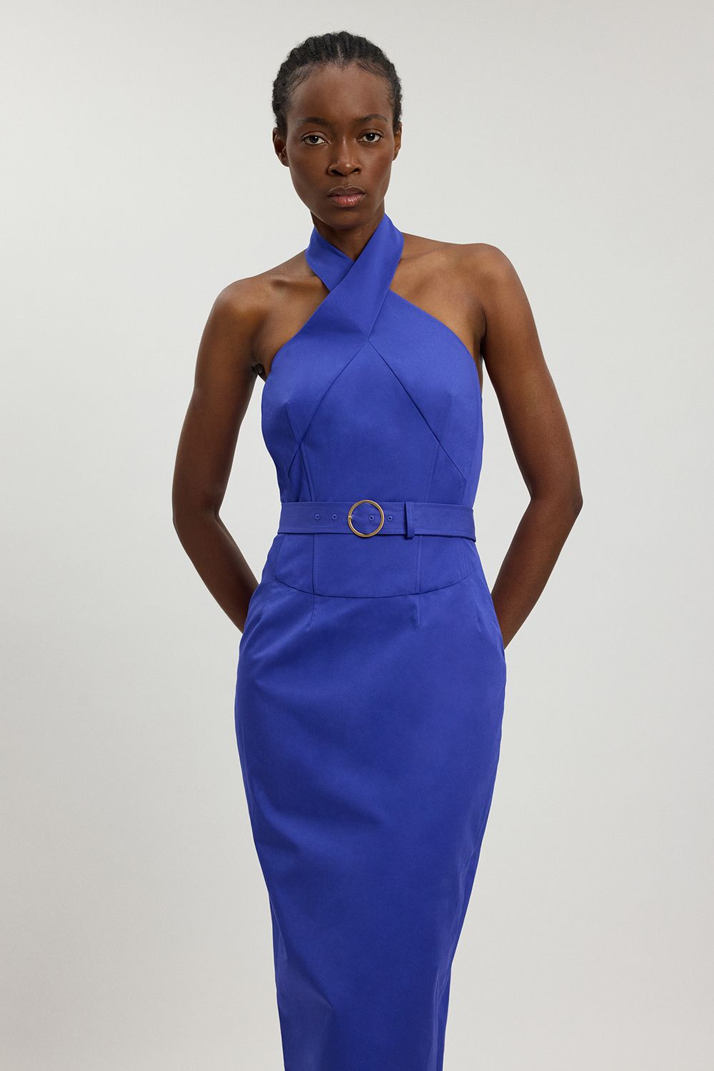 KarenMillen Tailored Cotton Sateen Pencil Belted Midi Dress