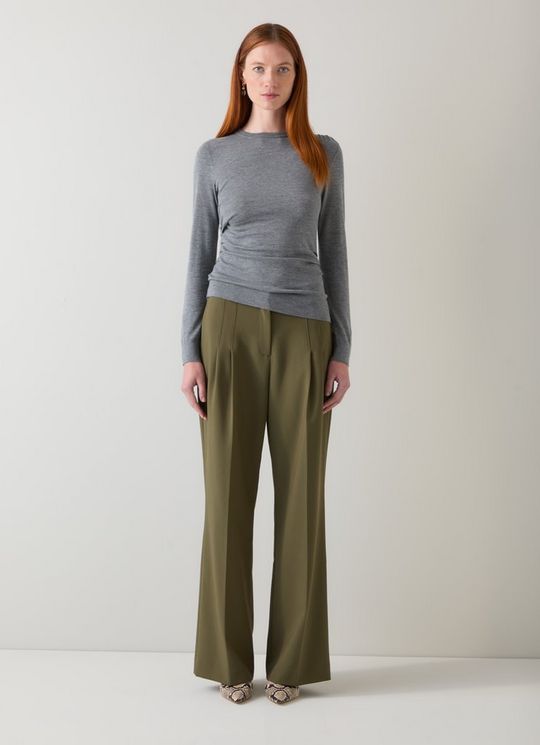 Dora Grey Merino Wool Mix Gathered Long Sleeve Top