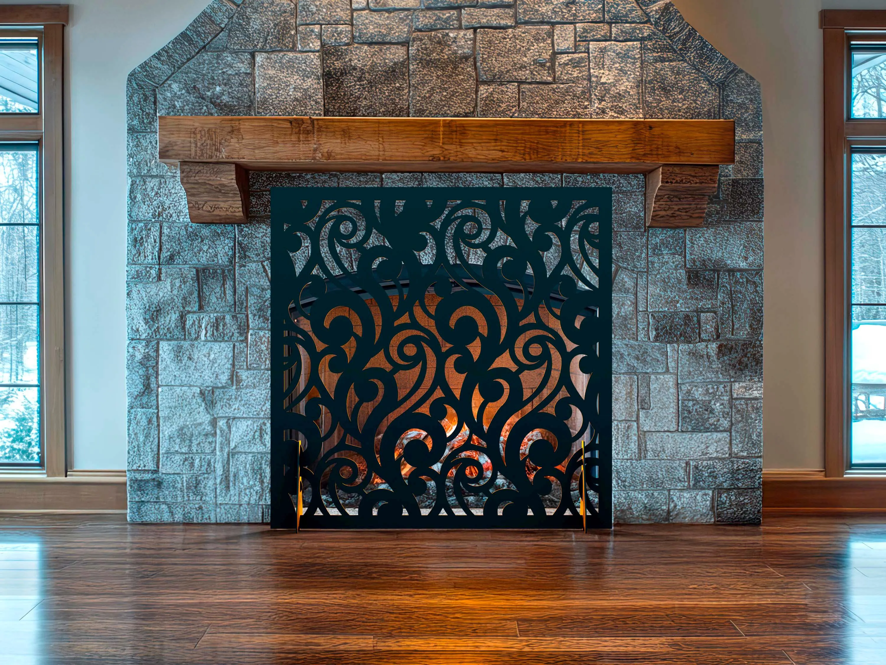 Curly Fireplace Screen, Decorative Metal Fire Screen, Ornate Fire Pit Cover, Freestanding Safety Screen