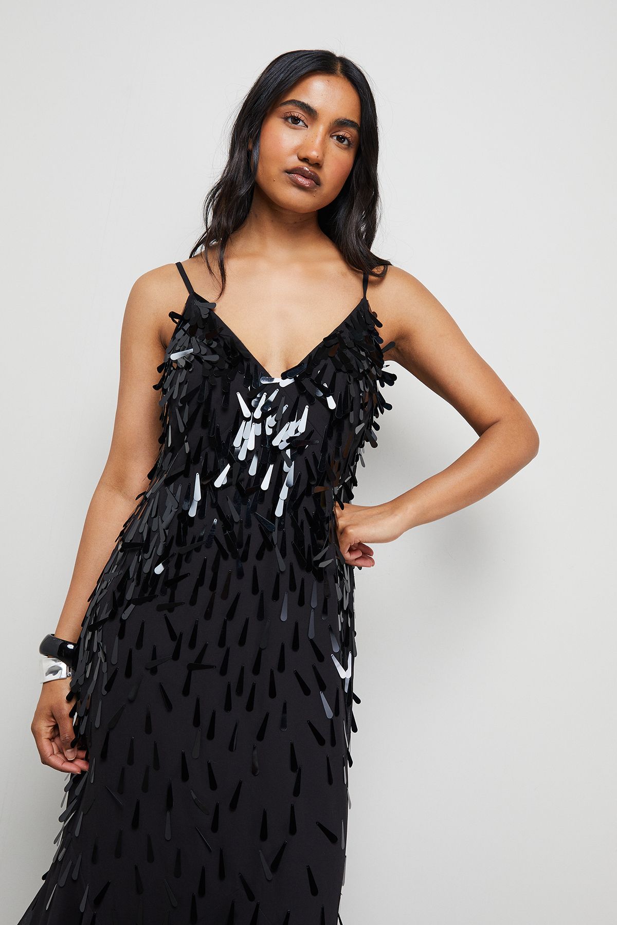 Warehouse Premium Teardrop Embellished Bias Cut Midi Dress