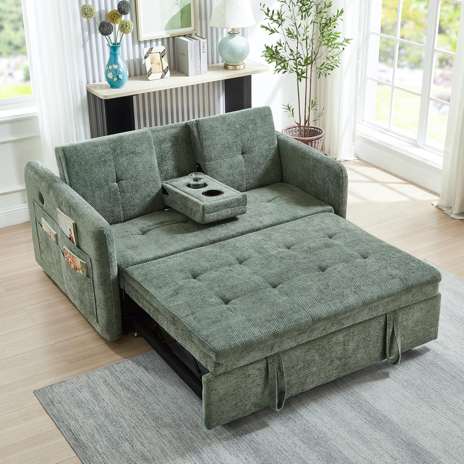 57.48 Convertible Sofa Bed with Cup Holder, Pull Out Sleeper Sofa Bed with USB Charging Ports, 3 in 1 Convertible Sleeper Sofa Bed for Living Room, Apartment, Bedroom, RV, Green