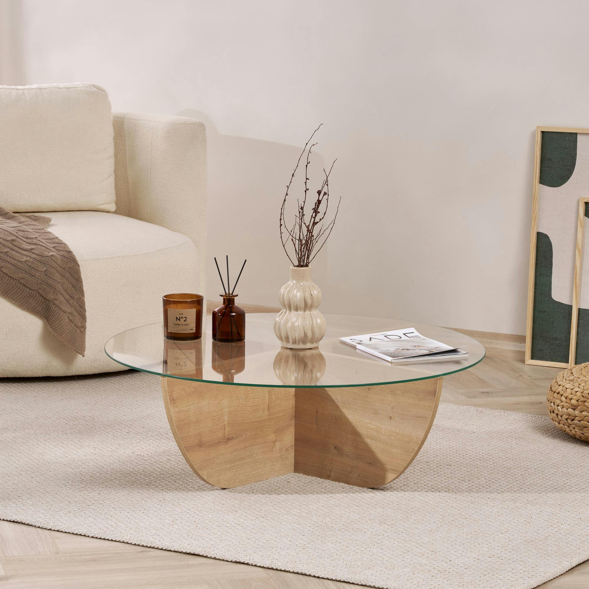Table basse ronde en verre pied croisé effet bois SALTA