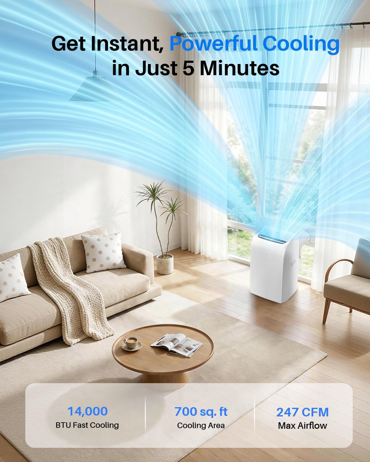 14,000 BTU Portable Air Conditioner - Cools Up to 700 Sq. Ft., Multi-Function Portable AC Unit with Auto Swing, Smart Control, 24H Timer, Ultra-Quiet AC Unit for Bedroom, Dorm, Apartment