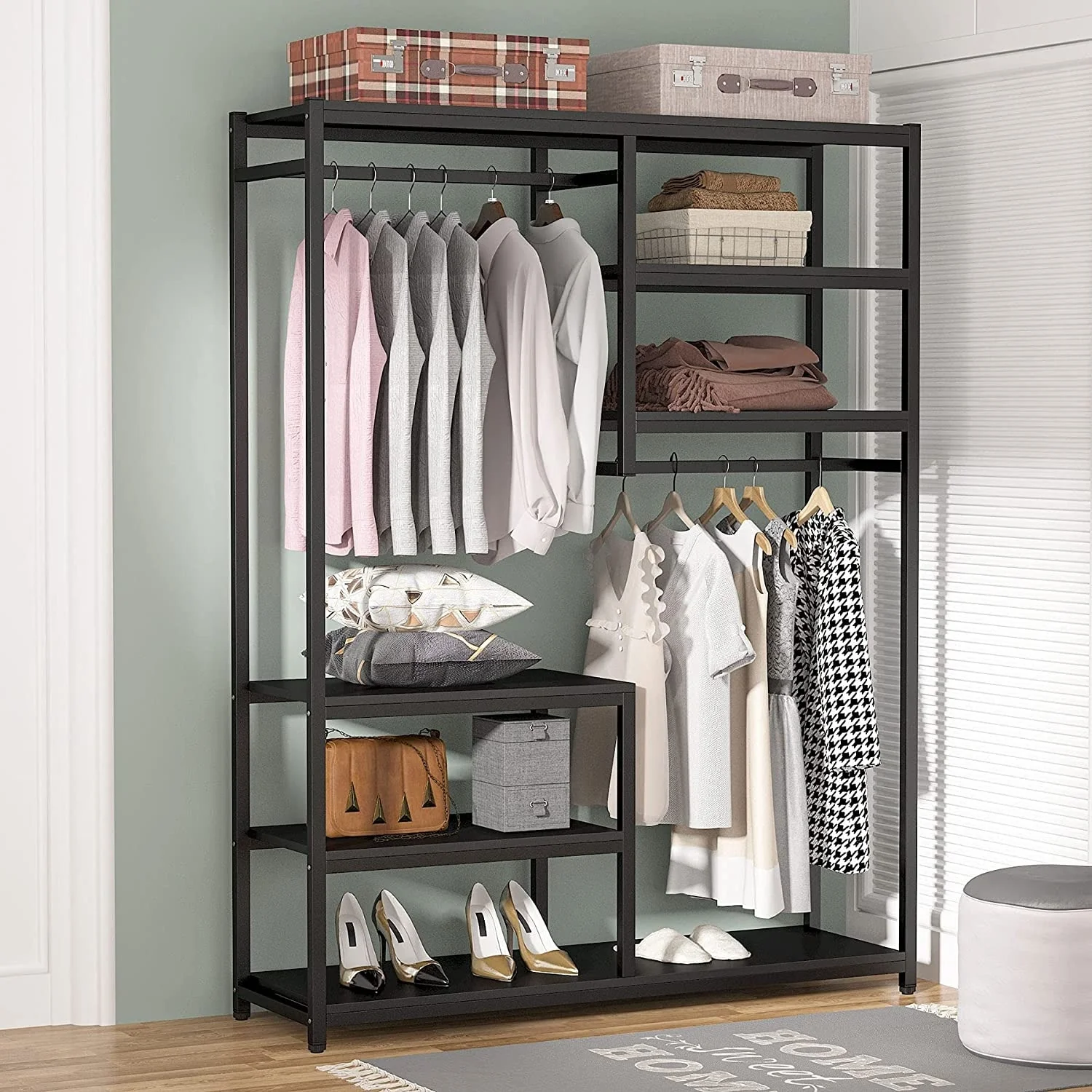 Freestanding Closet Organizer Garment Rack with Hanging Rod and Storage Shelf