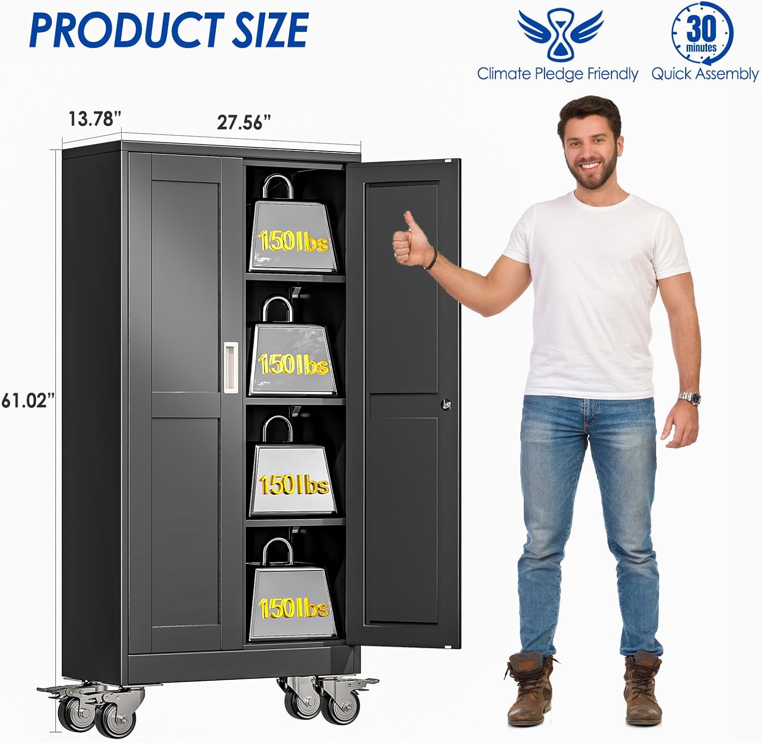 GAIOUS Metal Garage Storage Cabinet with Lock, 61” Tall Lockable File Cabinet with Wheels, Steel Tool Cabinet with 2 Door and 3 Adjustable Shelves, Rolling Cabinet for Home Office Garage Gym - Black