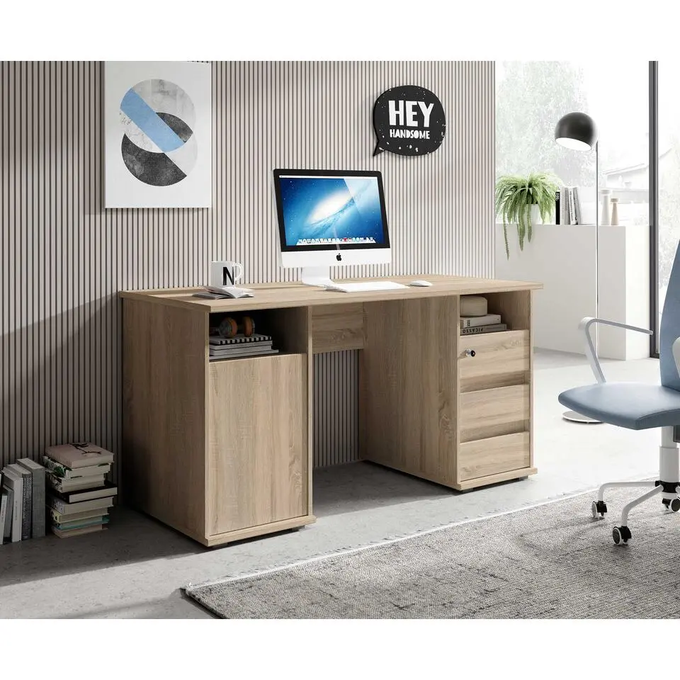 Bureau Primos 145cm met 3 lades & 1 deur - eik
