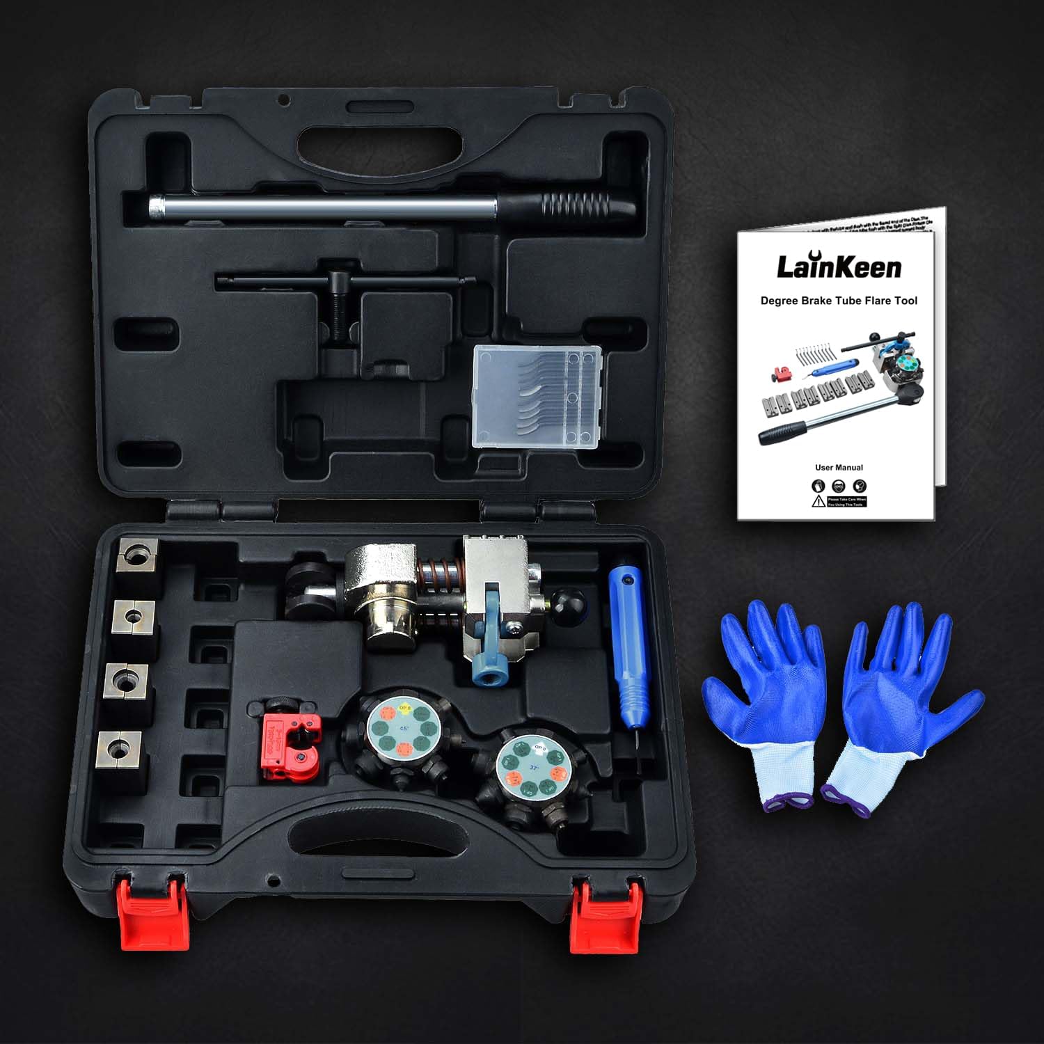 LainKeen Professional Brake Line Flaring Tool Kit, 45 and 37 Flaring Tool Set, Single, Bubble and Double Flare Tool Set for Brake Lines, Brake Flare Tool Kit for 3/16 1/4 5/16 3/8 Tubes