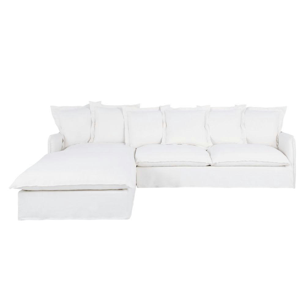 Barcelone - Canapé d'angle gauche convertible 5/6 places en lin supérieur blanc, matelas 6 cm