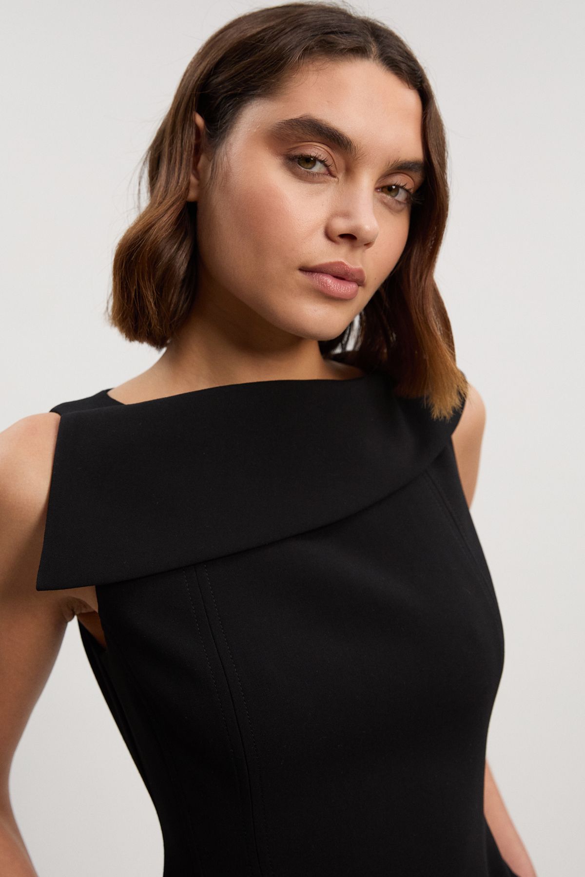 KarenMillen Compact Stretch Asymmetric Neck Tailored Full Skirted Dress