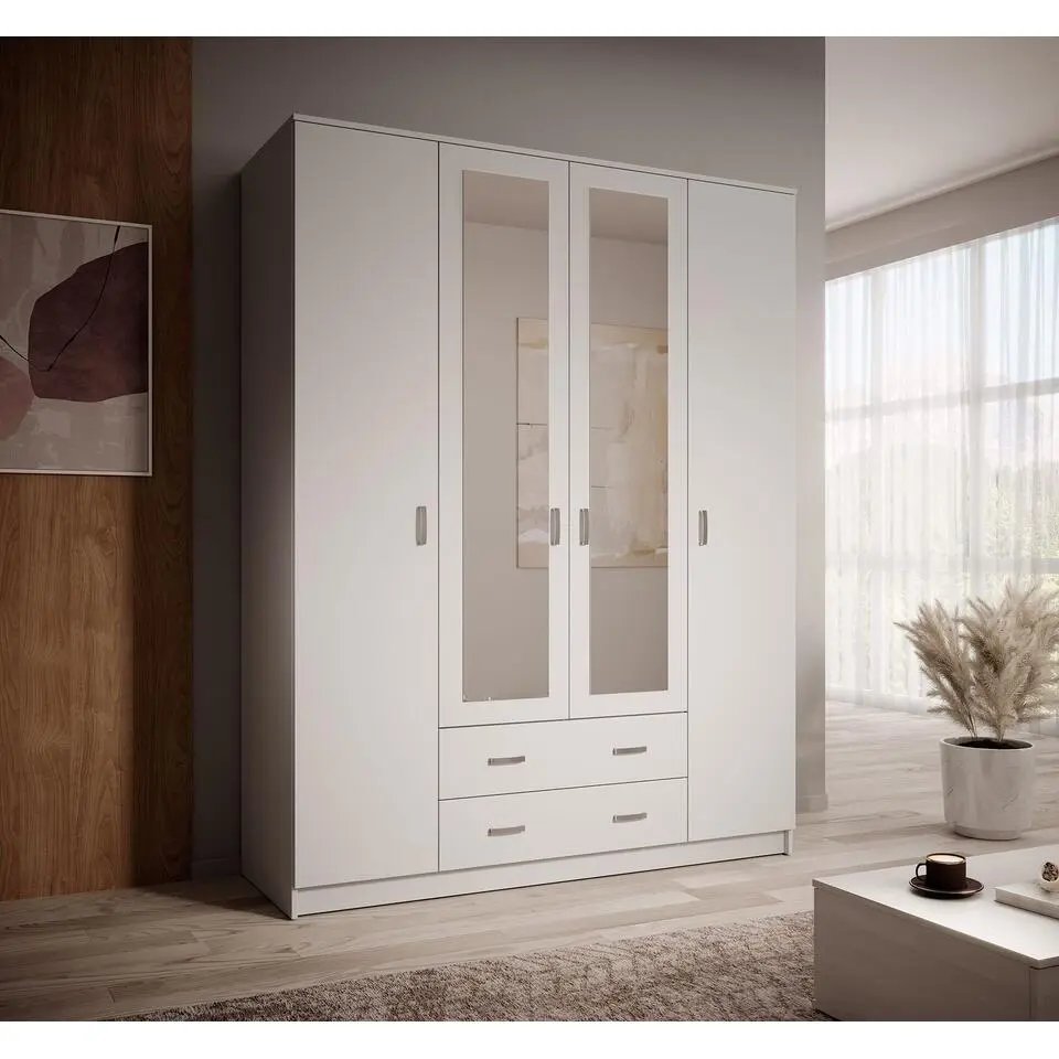 Meubella - Kledingkast Hinto - Wit - 160 cm - Met spiegel