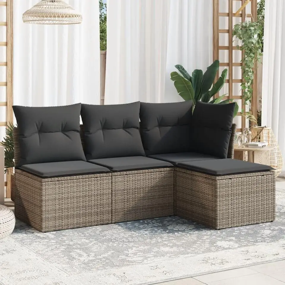 vidaXL 4-delige Loungeset met kussens - Grijs - Poly rattan