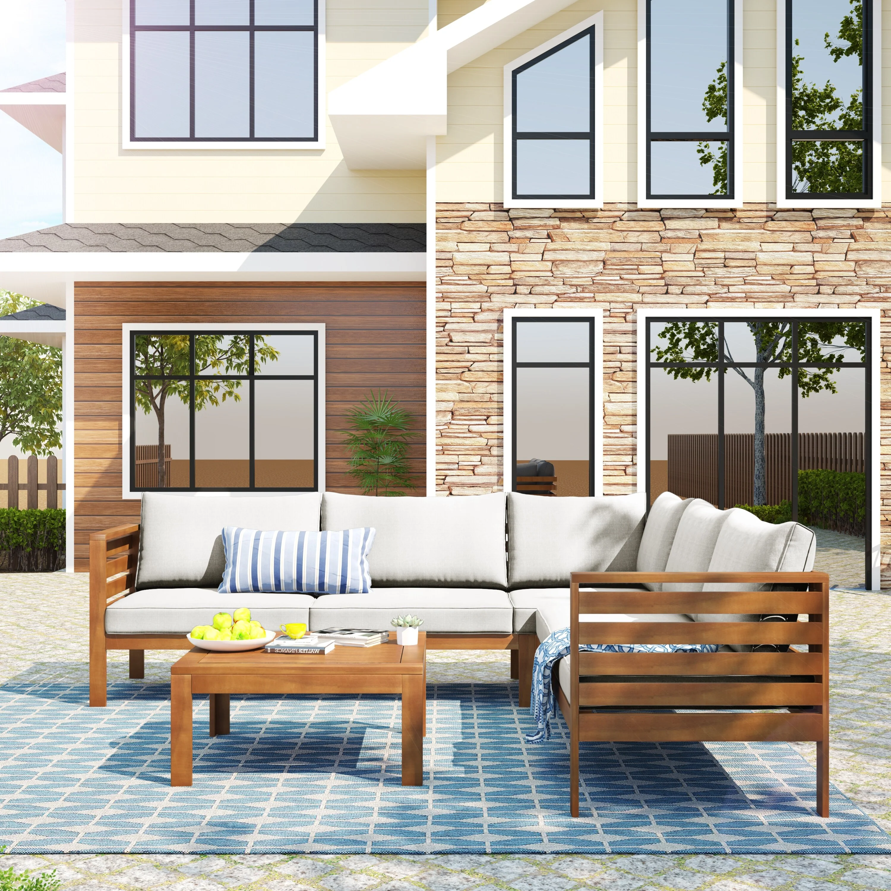 Wood Structure Outdoor Sofa Set with beige Cushions Exotic design Water-resistant and UV Protected texture High quality