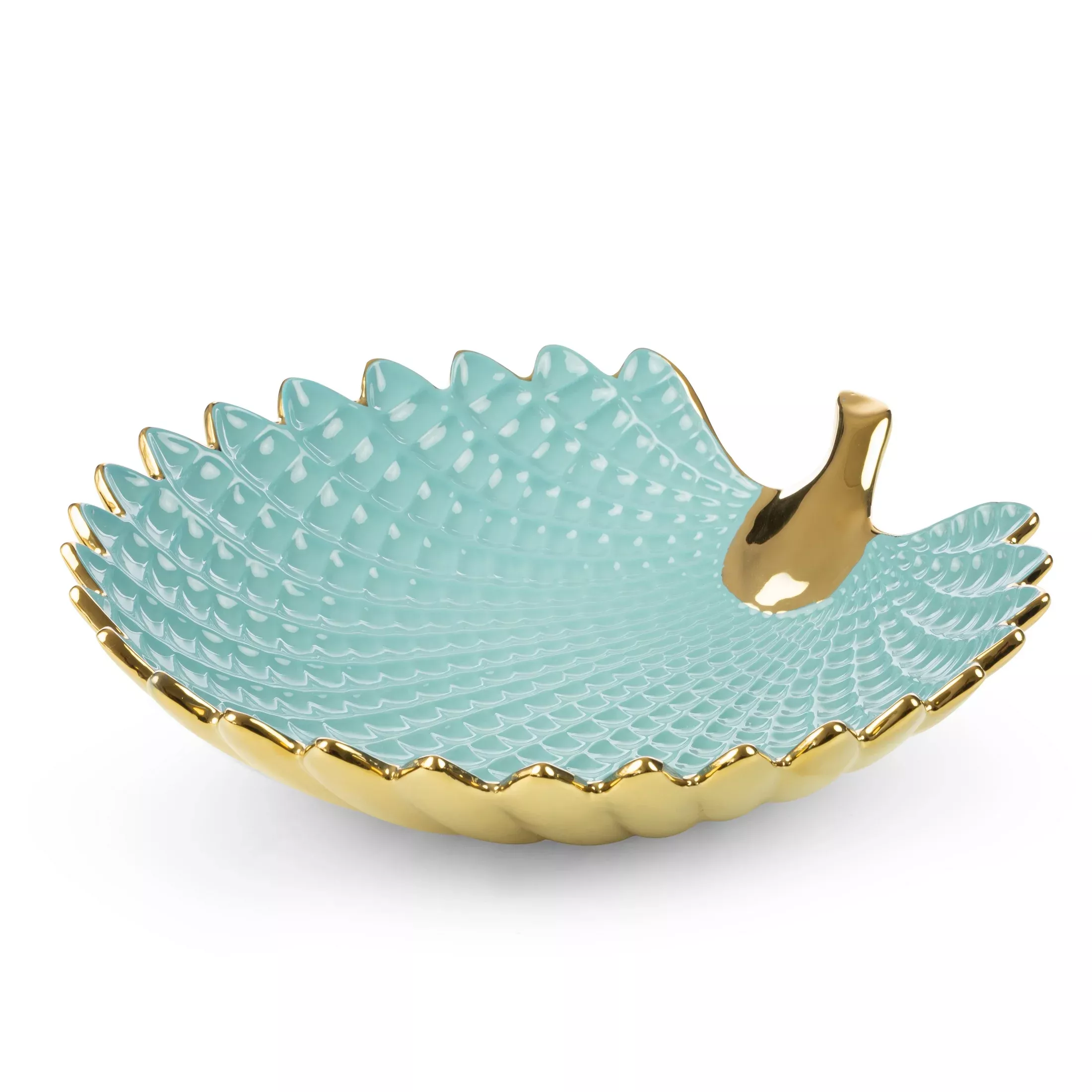 Patera ceramiczna dekoracyjna jasnoniebiesko-złotaw formie liścia 33x33x8 cm HIRAL