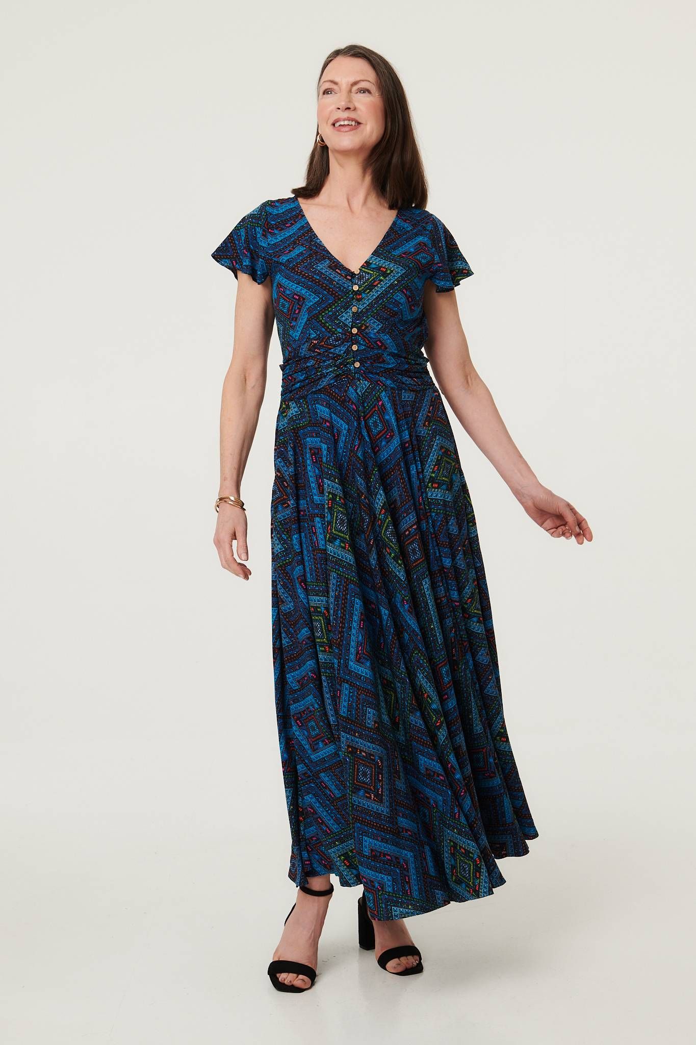Izabel London Geo Print Cap Sleeve Ruched Maxi Dress