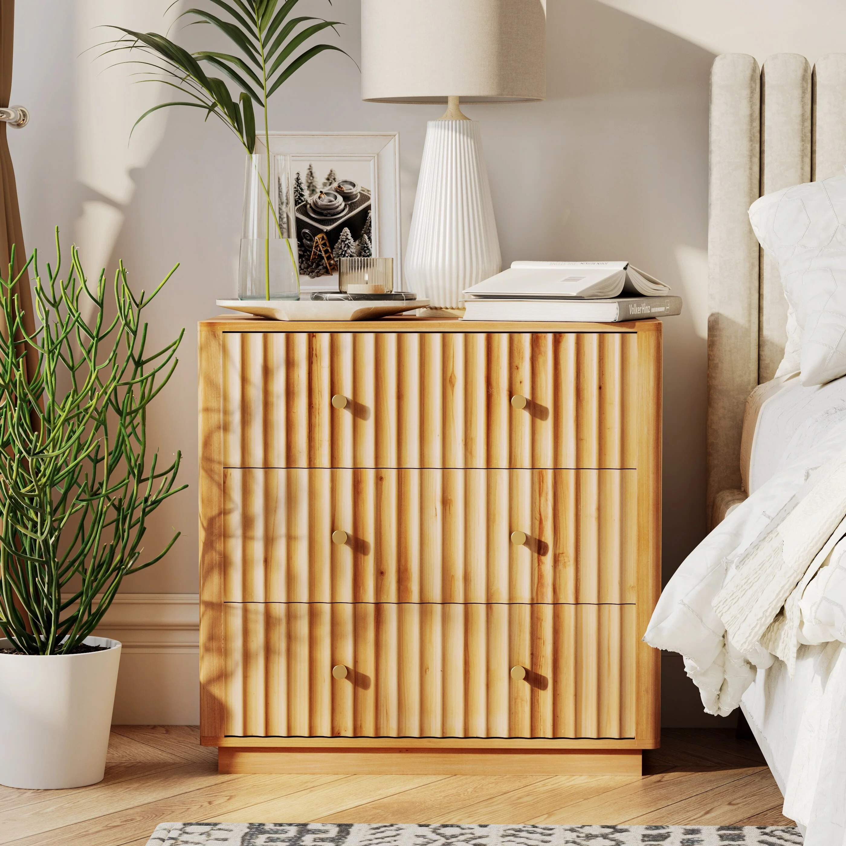 COZAYH 3-Drawer Farmhouse Dresser with Handcrafted Three-Dimensional concave and Convex Design, Fully-Assembled, Morden Rustic