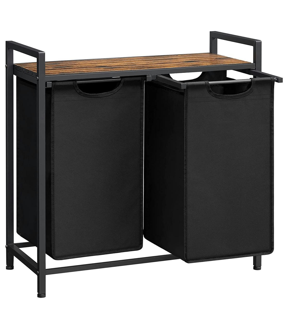 - Panier à linge 2 compartiments en tissu oxford noir et cadre métal