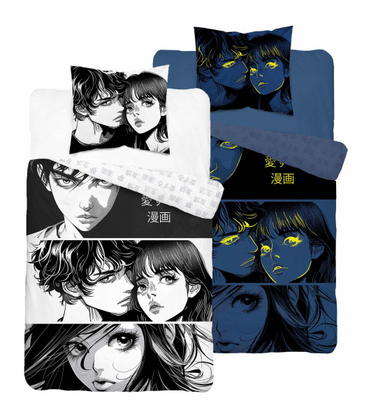 Pościel świecąca w ciemności 160x200 Anime Boy Girl czarna Fluo