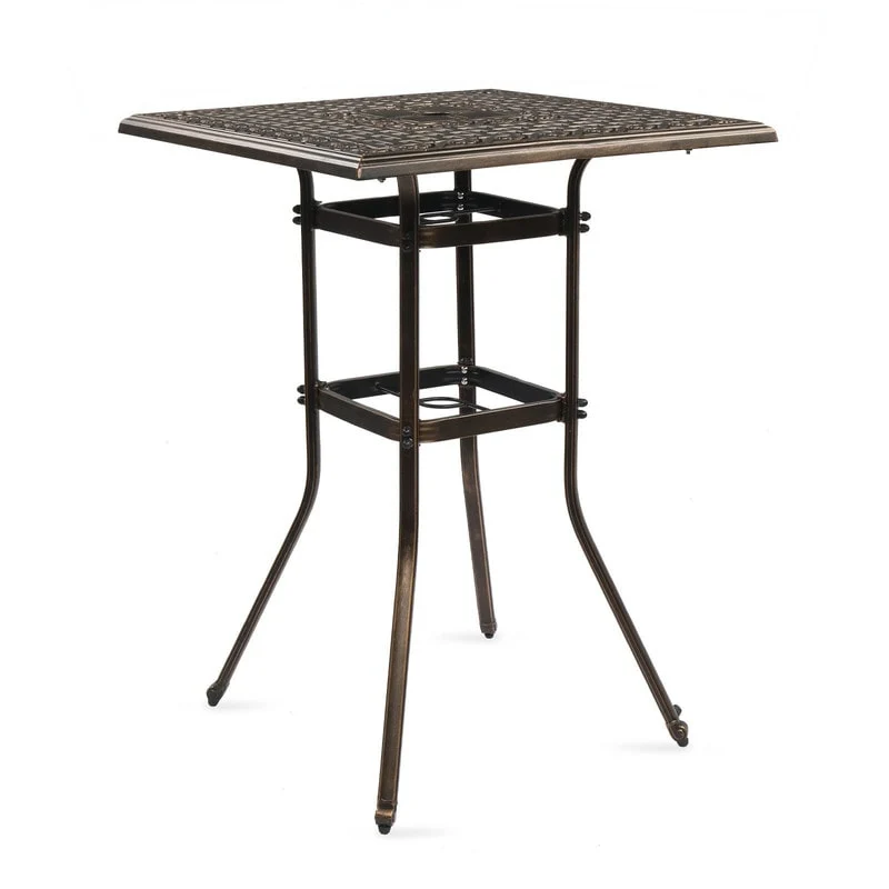 Patio Bar Height Table Cast Aluminium Square Bar Bistro Table with Umbrella Hole - N/A