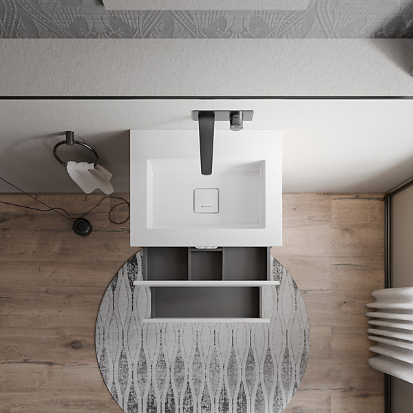 Meuble vasque suspendu MDF Blanc mat, lavabo fonte Blanc mat sans trou robinet - 60x46x50cm - AVA BRUXELLES