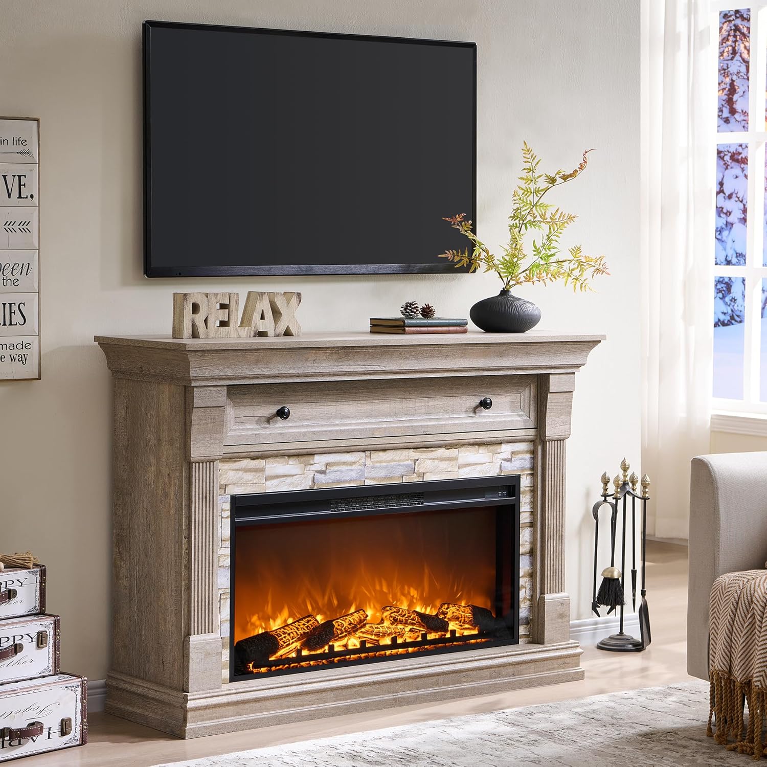 OKD 52 Farmhouse Electric Fireplace TV Stand with Mantel & Cabinet, 36 Freestanding Electric Fireplace Heater with Remote Control, Adjustable 3D Flame Effect, Light Rustic Oak