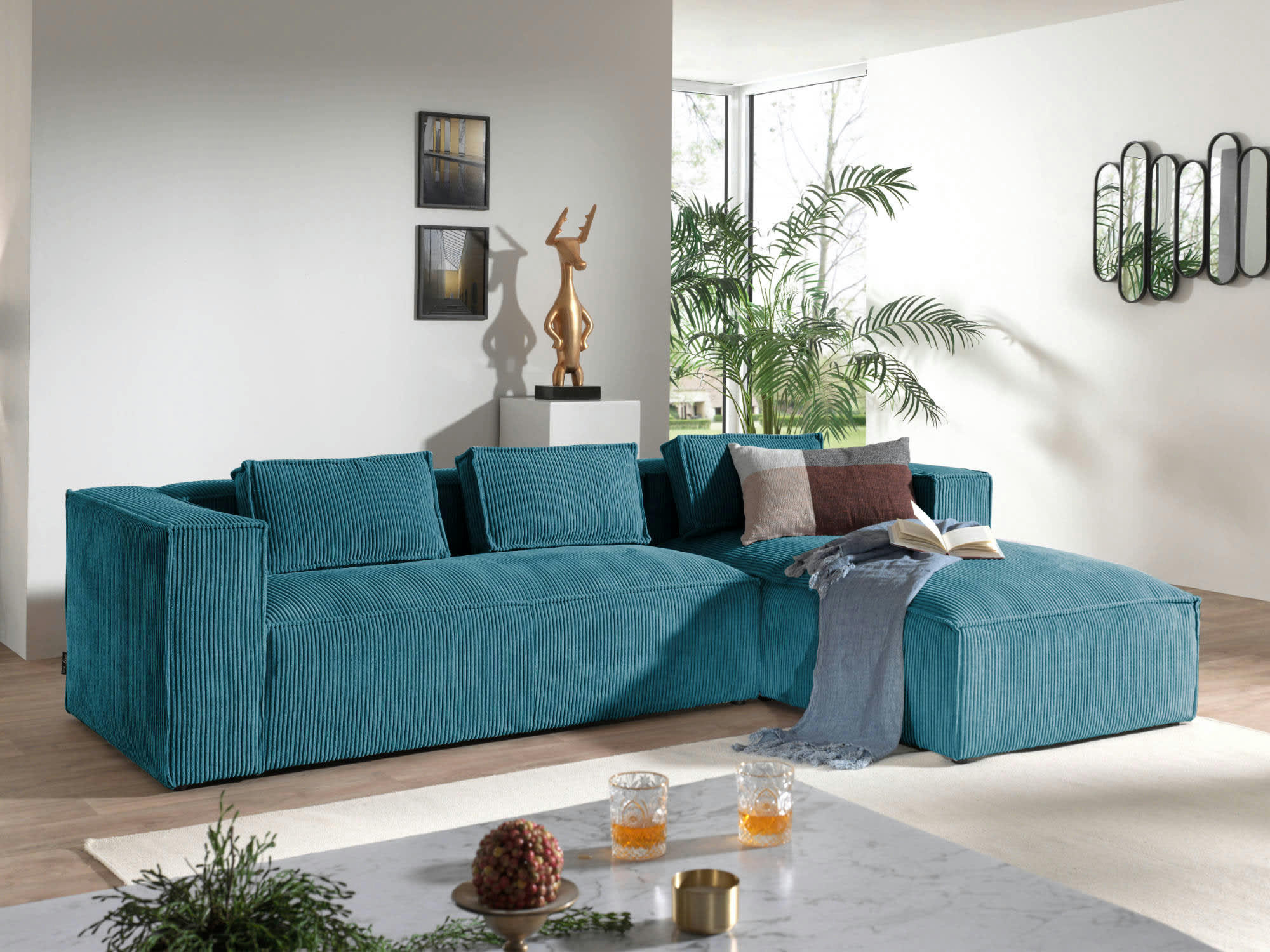 STELLA - Canapé d'angle droit 4 places en velours côtelé bleu canard