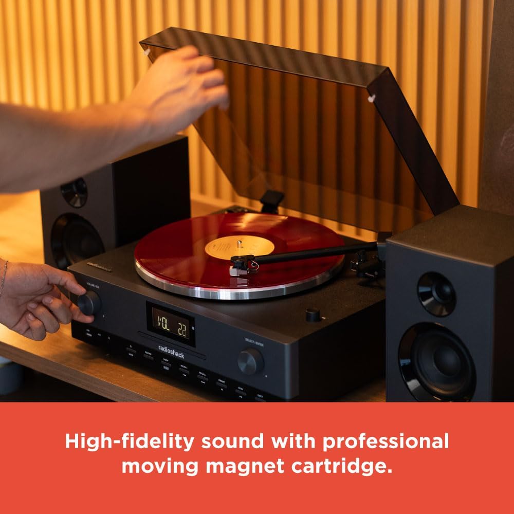 RadioShack Professional Turntable with Speakers  3-Speed Belt-Drive Vinyl Player  Bluetooth Input and Output  FM Radio  CD and USB Playback  Detachable Speakers  Anti-Skating System  Model 4001798