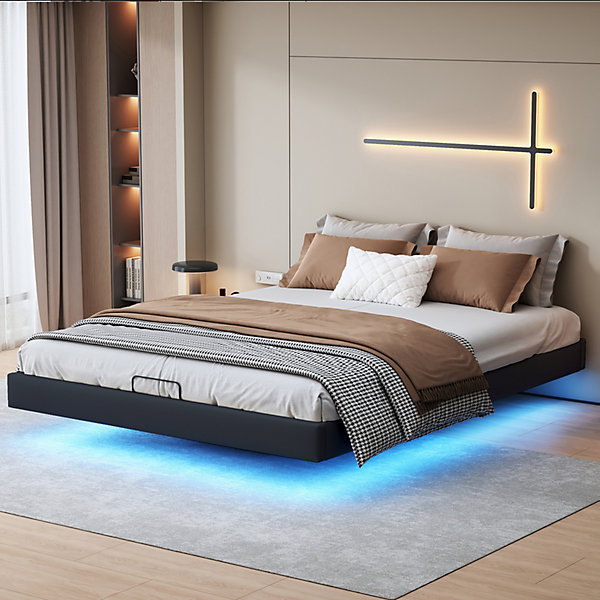 Lit 160x200 cm avec LED, cadre flottant, base en bois, PU noir, sans tête de lit, rangement