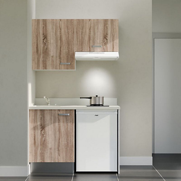 Kitchenette K01 - 120 cm - façades Bois - Plan monobloc en quartz coloris Snova évier à gauche - Electroménager Blanc