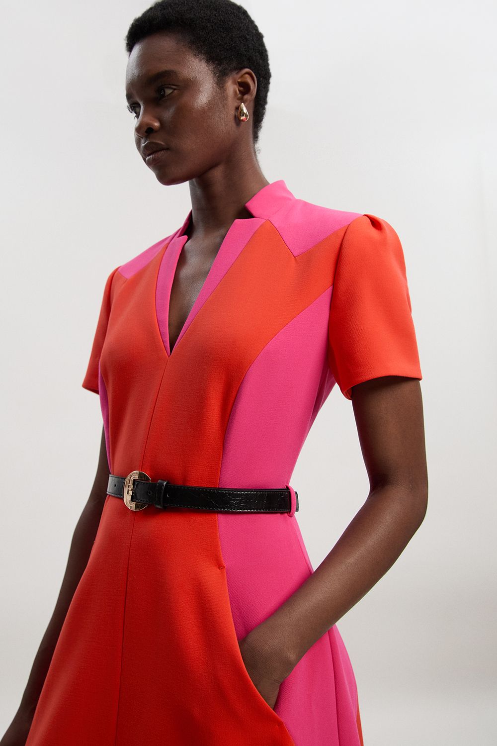 KarenMillen Compact Stretch Colour Block Tailored Belted Full Skirt Midi Dress