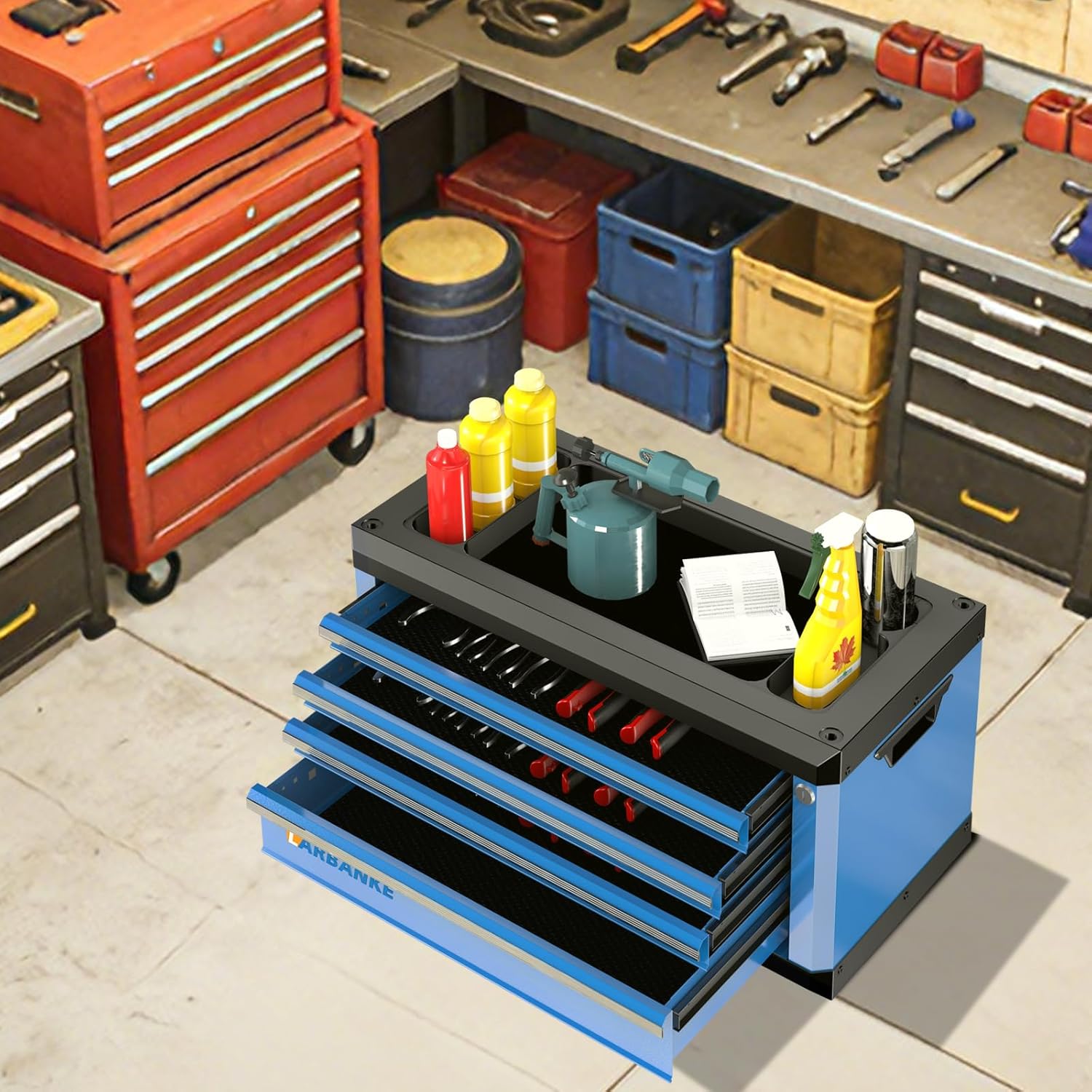 LARBANKE 4-Drawer Tool Box, Portable Tool Cabinet with Key Secure Lock, Multifunctional Countertop, Drawer Liners & Connecting Rods for Stacking with Same-Series 5/7-Drawer Chests,Blue