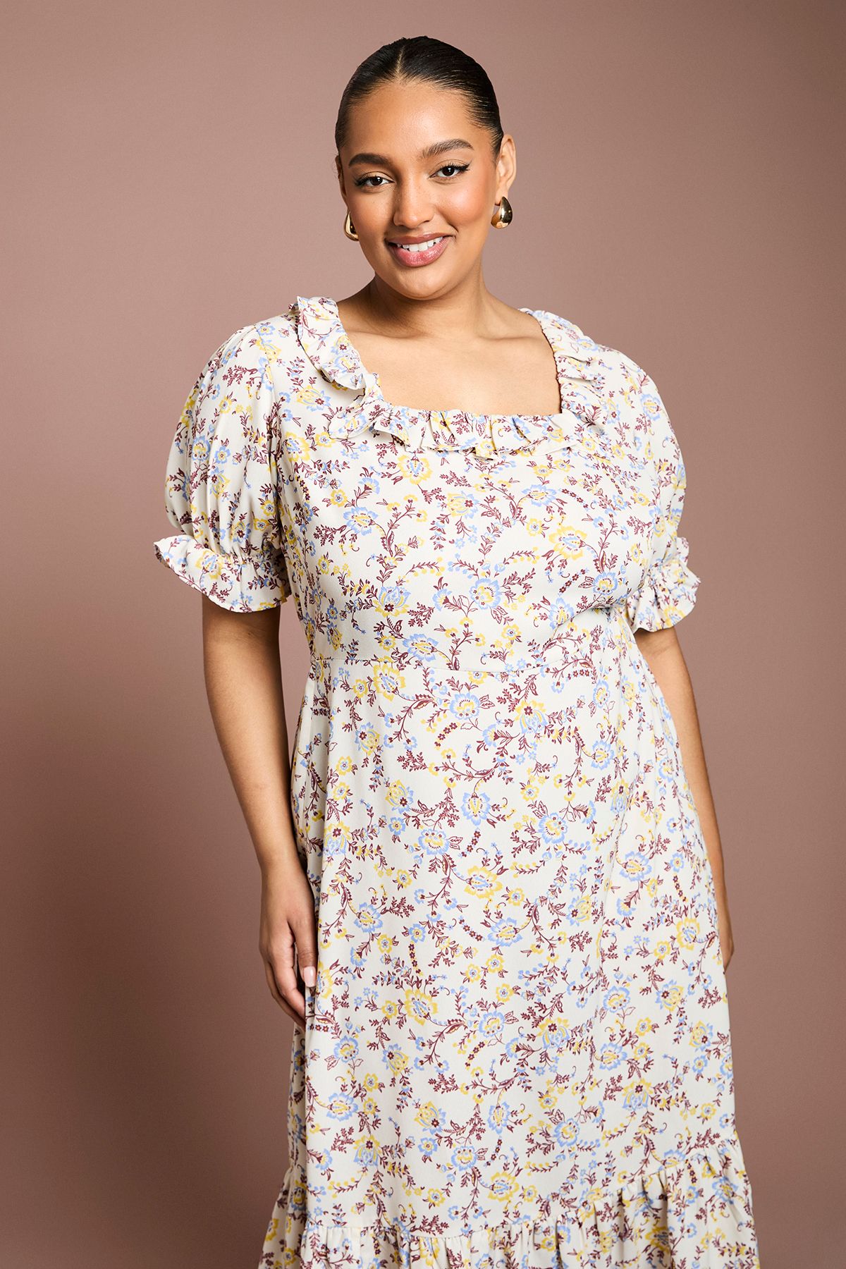 Dorothy Perkins Curve Ruffle Neckline Frill Sleeve Tiered Midi Dress