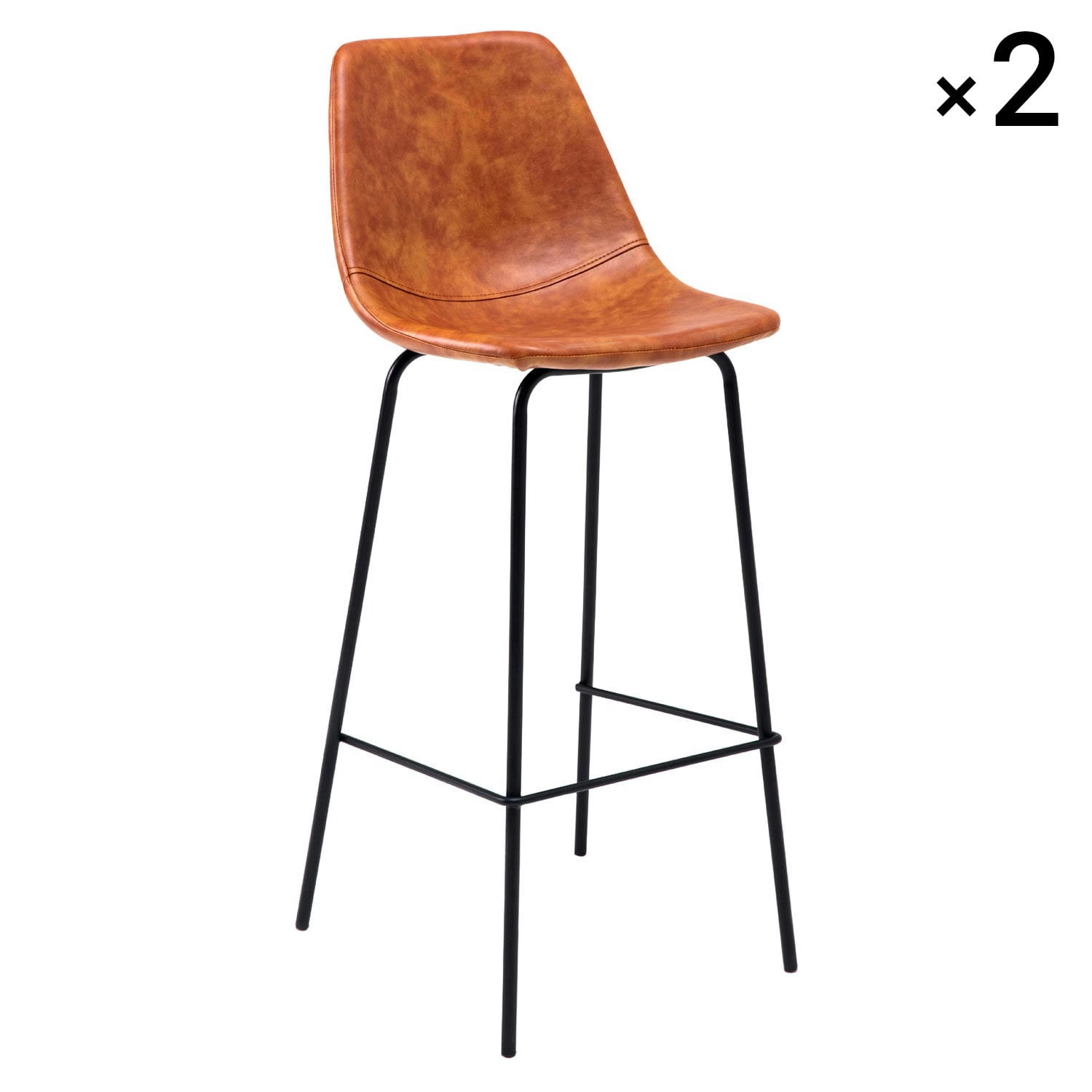 LUCIEN - Lot de 2 tabourets de bar vintage 75cm en simili cuir cognac