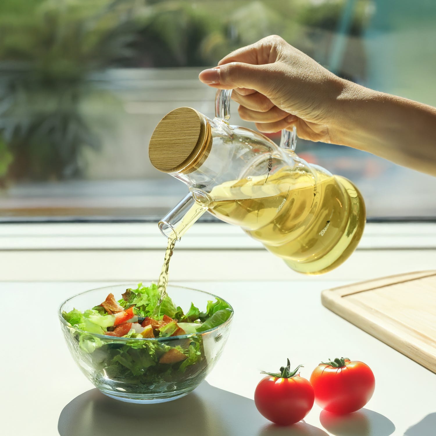 Oliera 500 ml in vetro borosilicato e tappo in bambù