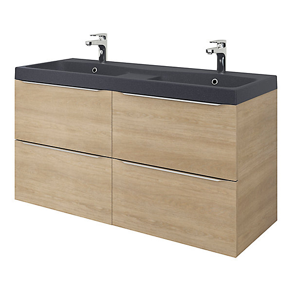 Meuble vasque suspendu effet chêne l.120 cm Imandra   plan double vasque noir résine Mila, GoodHome