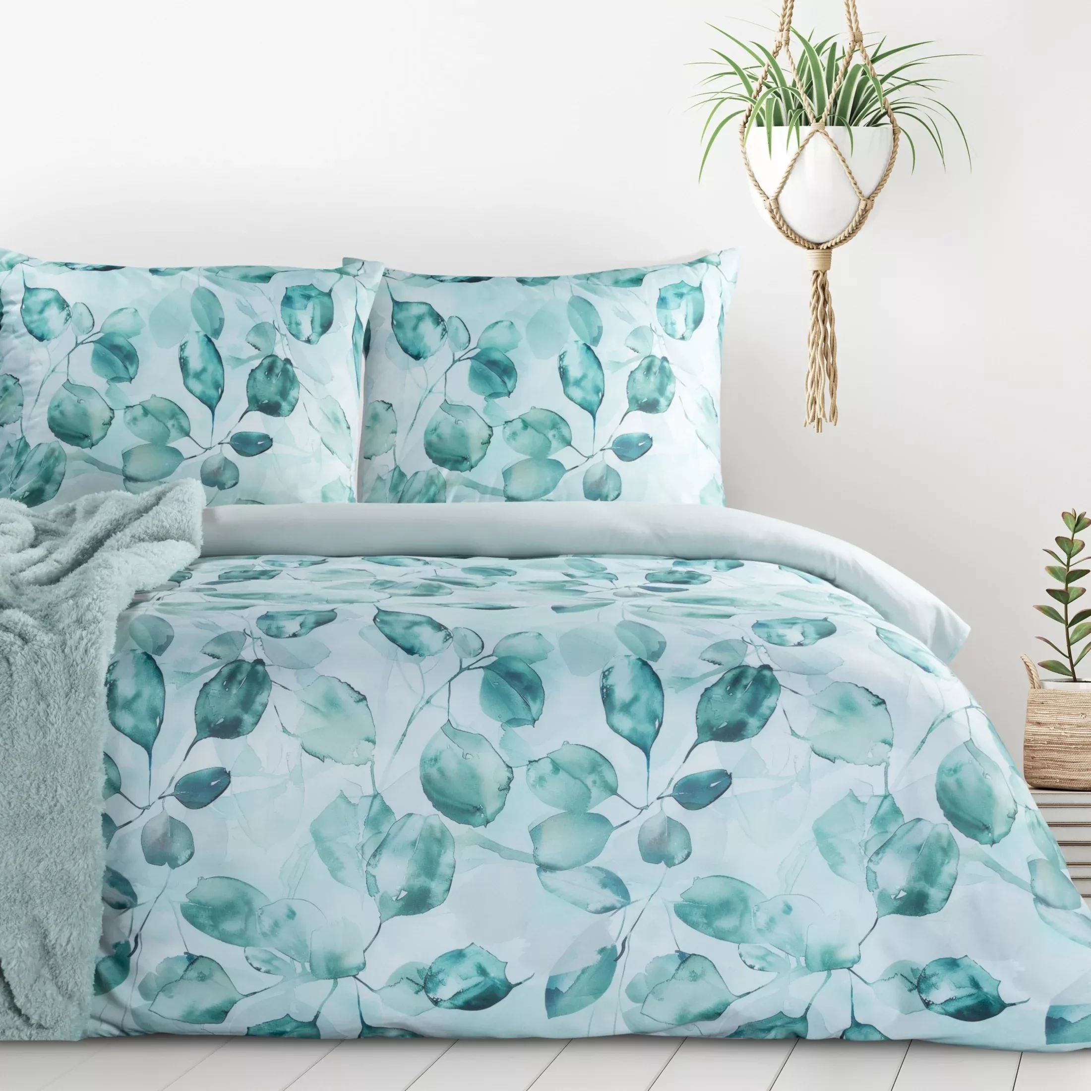 Pościel 220x200 cm komplet 3 częściowy kolor miętowy, ciemnomiętowy z motywem liści VERANO 5 Design 91