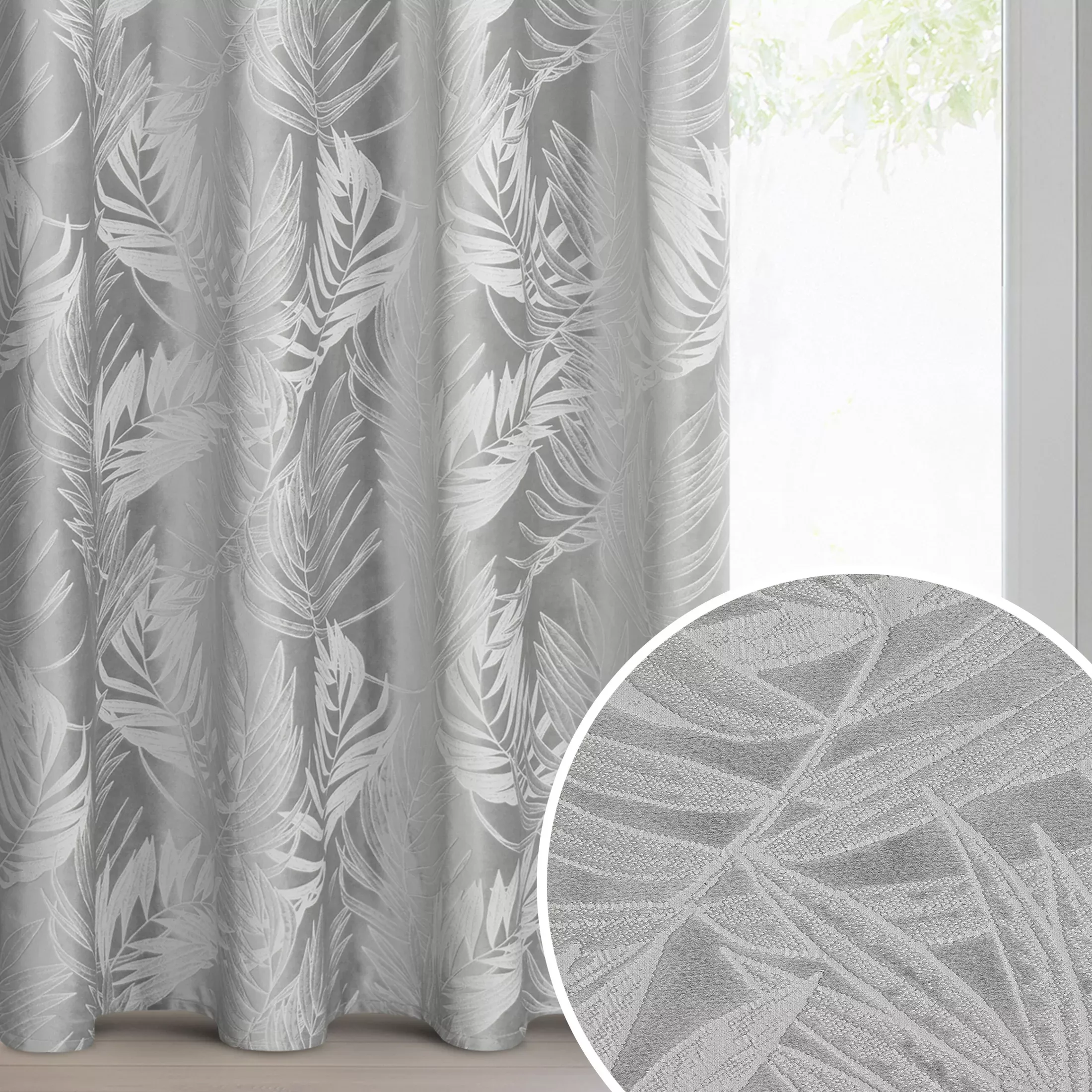 Zasłona srebrna welwetowa zdobiona motywem palmowych liści 140x250 cm przelotka - VERA