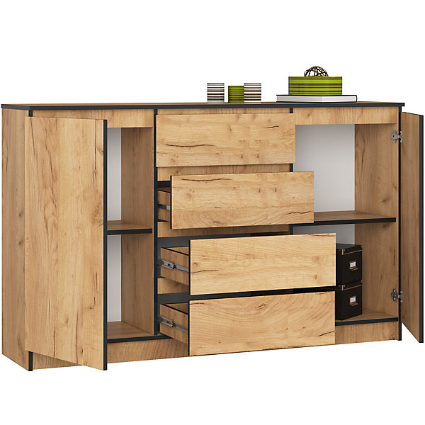 Grande Commode pour le salon AKORD K160 Chêne Craft 160 cm 2 portes 4 tiroirs façade Chêne Craft 4 étagères 160x40x99 cm