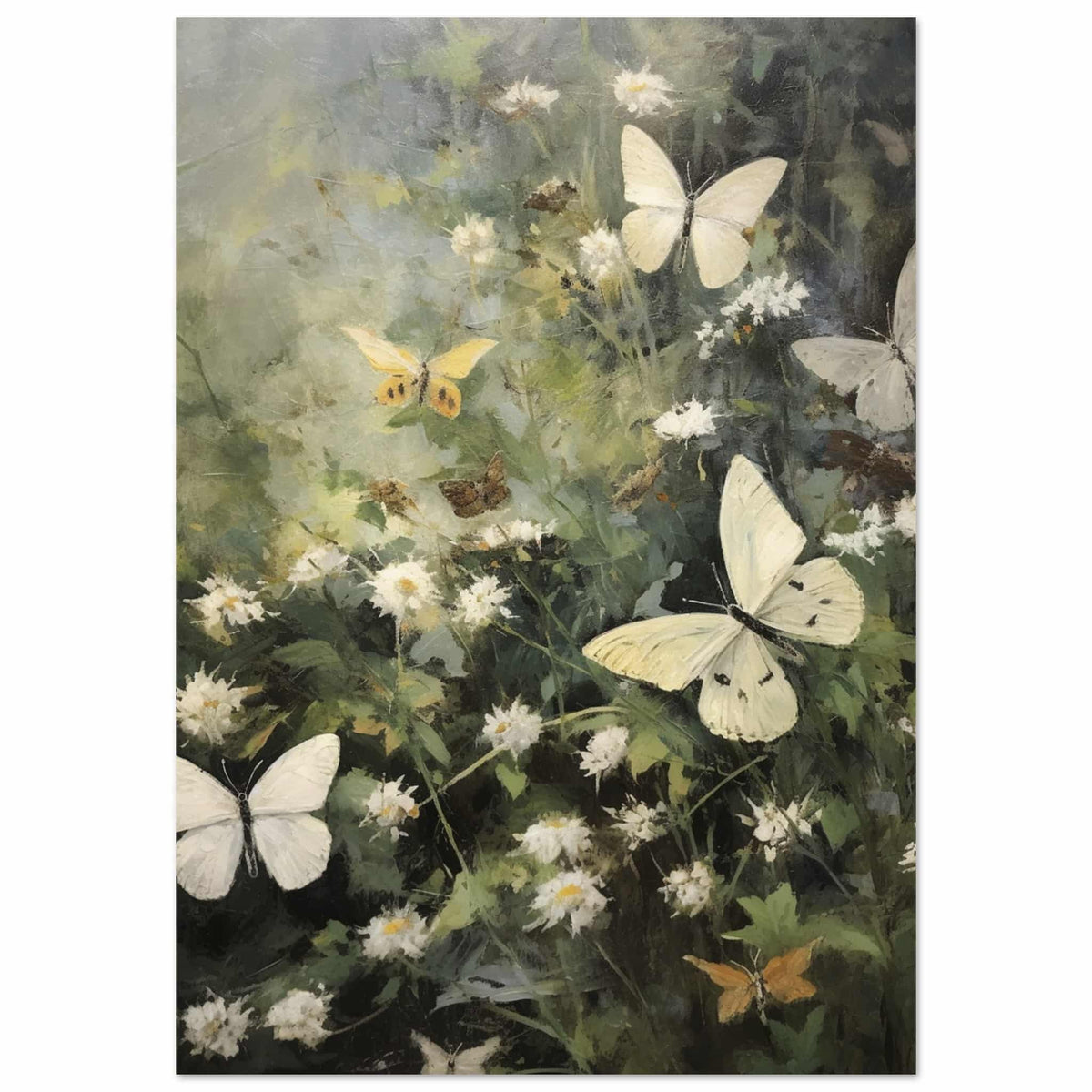 Artfulprints Poster Butterflies in flowerfield  - 70x100 cm - Donkergroen