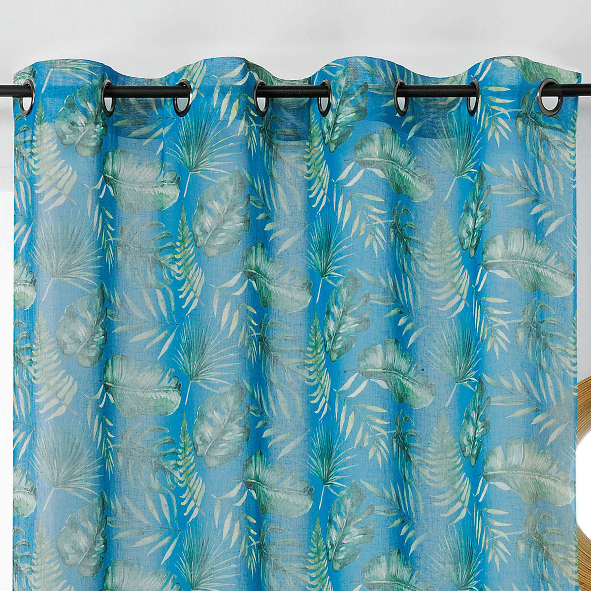 - Voilage tamisant imprimé mini végétaux polyester bleu 260 x 150