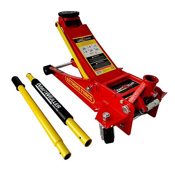 Cric hydraulique Kraft M&uuml;ller PRO K497, Haut. de levage 49,5cm, Levée rapide grâce au système à double-pompe,Rouge/Jaune