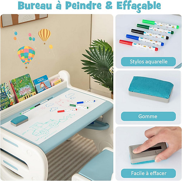 Ensemble Table et Chaise pour Enfants avec Plateau Effaçable Stylos Aquarelle Gomme Ensemble de Table Activités Bleu