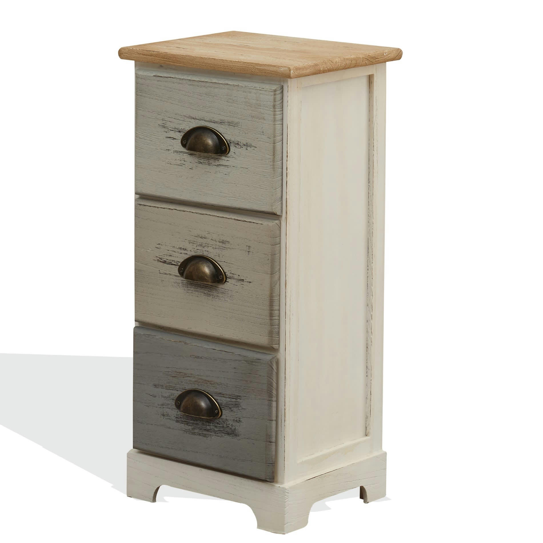 - Table de chevet colorée avec 3 tiroirs en bois blanc beige et gris