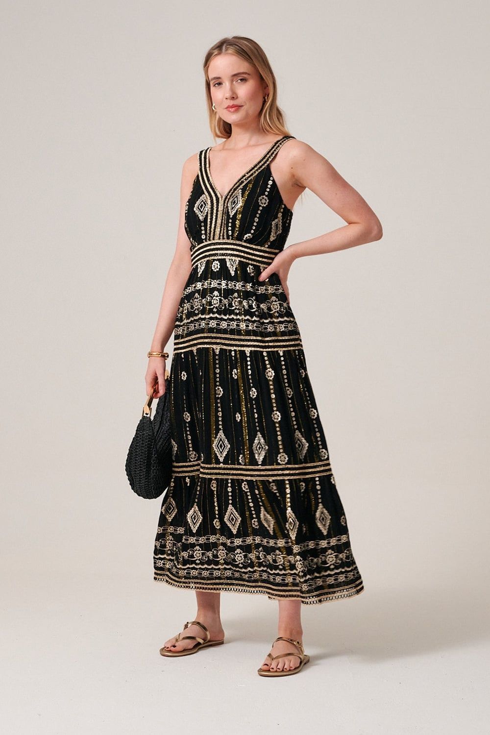 Klass. Embellished Foil Printed Sleeveless Midaxi Dress